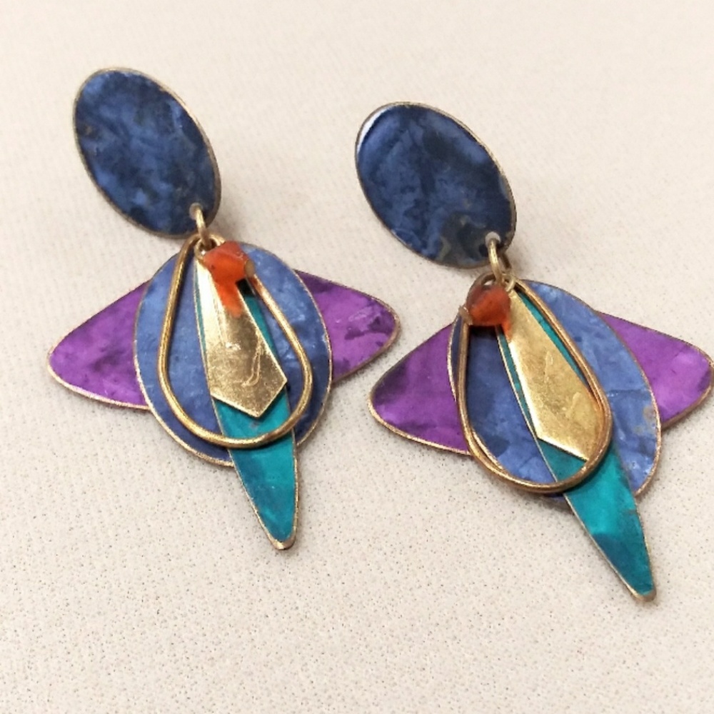 Hand Painted Earrings - Fuchsia Turquoise Blue